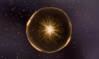 concept art of the small extracellular vesicles (exosome, MVs) as an functional cosmetic ingredients. A glowing bubble in dark space.