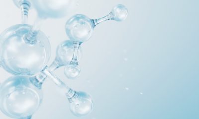 3d Abstract glossy glass molecular structures. Cosmetic collagen serum, moisturizer water, vitamin, hyaluronic acid for skin care. Healthcare concept.