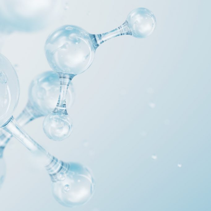 3d Abstract glossy glass molecular structures. Cosmetic collagen serum, moisturizer water, vitamin, hyaluronic acid for skin care. Healthcare concept.